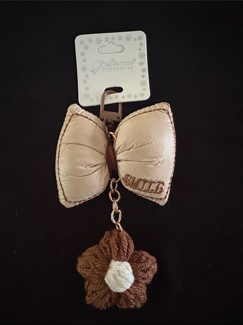 Cute Bow & Crochet Flower Keychain Bag Charm Zipper Pull in Cream and Brown